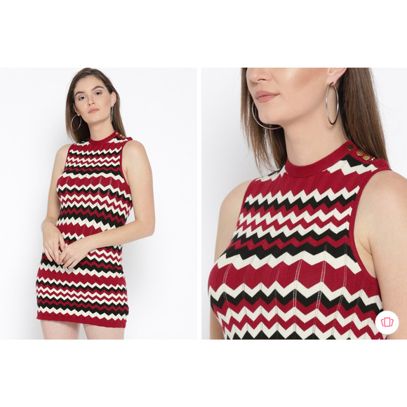 Forever 21 Sweater Bodycon Dress Women L Large Red White Chevron Sleeveless Knit - Picture 15 of 16